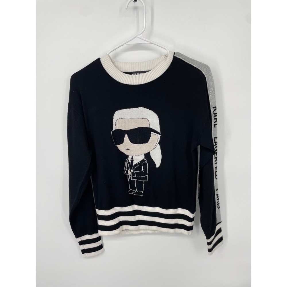 Karl Lagerfeld Ikonik Karl Sweater XS Black Karl Graphic Contrast Trim Cozy NWT